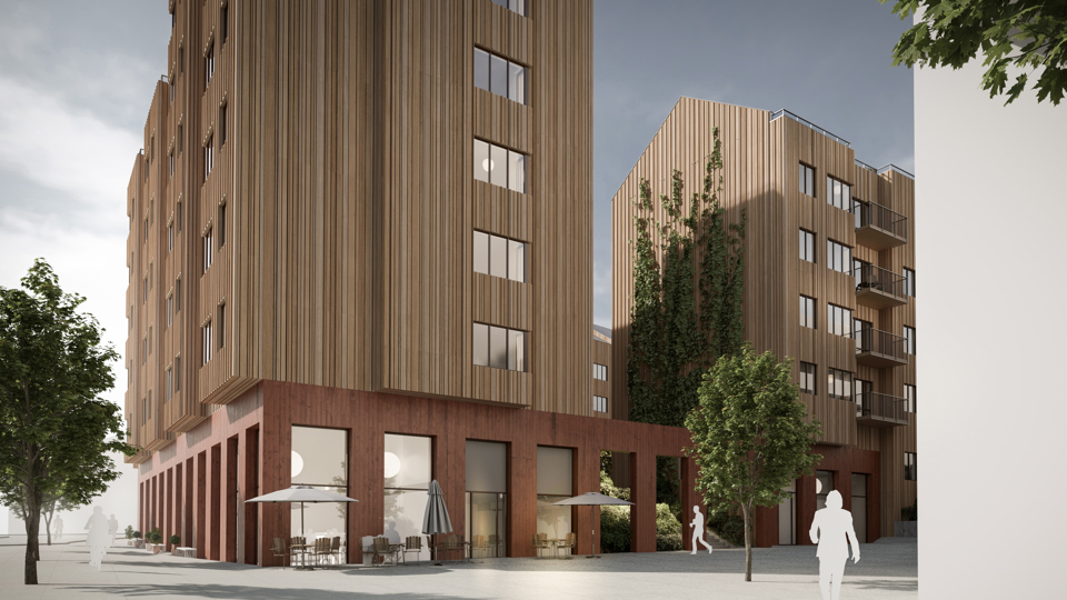 Vy mot flerbostadshus med verksamhetslokal på bottenplan. Fasad med träribbor, illustration.